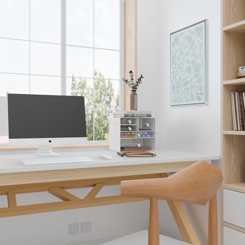 Desk Organizer Set, White & Clear Stackable Dustproof Storage Boxes for Desktop, Office, Bathroom, DIY Craft & Vertical Space Saving, Perfect for Makeup, Stationery Organization (5 Drawer) - size: 5 drawer