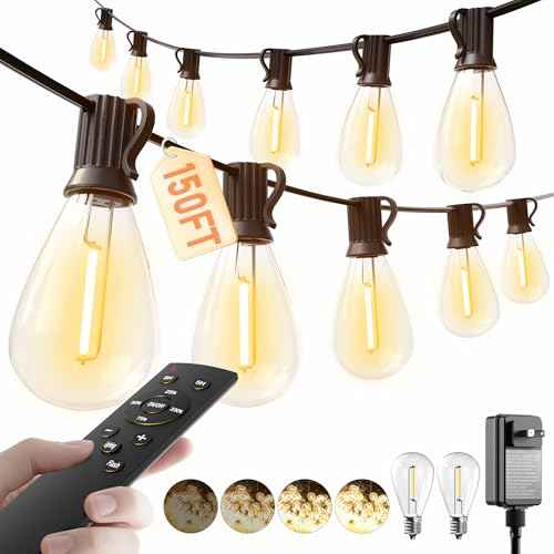 luckystyle 150FT LED Outdoor String Lights with Remote, 55+2 Shatterproof Bulbs Waterproof and Dimmable Patio Lights for Porch, Garden, Backyard, Deck, Balcony, 2700K Hanging Lighting