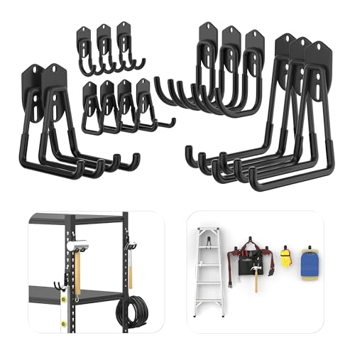 TORACK 15 PCS Garage Storage System Hooks, Shelving Hooks for Keyhole Shelving Units Wall Mount Utility Hooks for Tools, Ladders, Cords, Folding Chairs, Shovels and Rakes(Black)