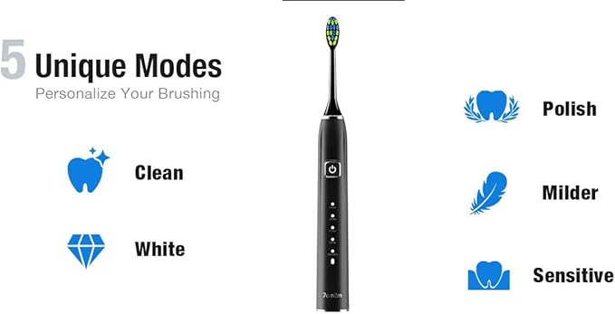 7AM2M Ultrasonic Electric Toothbrush with 6 Brush Heads for Adults&Kids, One Charge for 120 Days, USB-C Charge, 5 Modes, 40000VPM Powered Toothbrush, 2 Minutes Built in Smart Timer (Black)