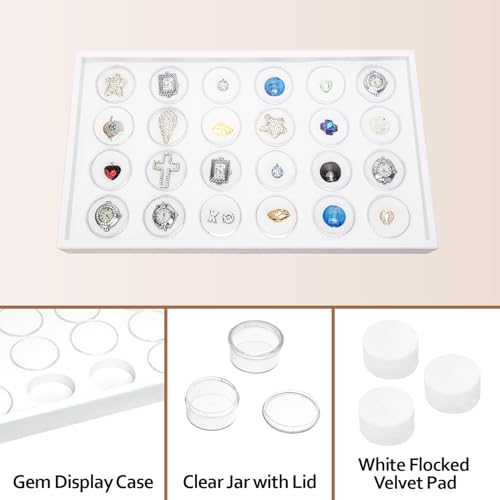 Ikee Design 24 Gem Showcase Stackable Jewelry Display Tray for Collectibles, Rock Storage Box Gemstones Bead Storage Jars, White Foam, White Tray, 14 7/8W x 8 3/8D x 1H in - color: White Foam/White Tray (24 Large Jars)