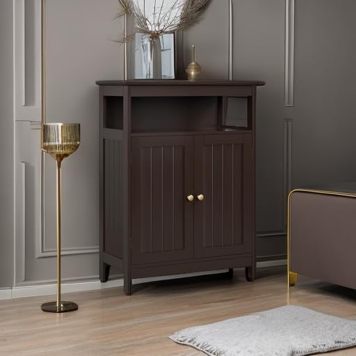Yaheetech Bathroom Floor Storage Cabinet, Wooden Free Standing Storage Organizer with 2 Doors & Adjustable Shelf for Living Room, Hallway, Espresso