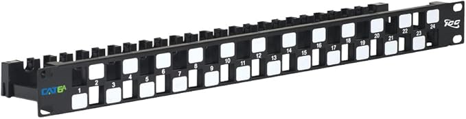 ICC 24 Port Blank Keystone 1U Patch Panel with 19” Metal Rackmount Housing and Cable Support Bar, Staggered Ports to Reduce ANEXT, Works with Keystone Jacks (Sold Separately), UL Listed, IC107PPU6A