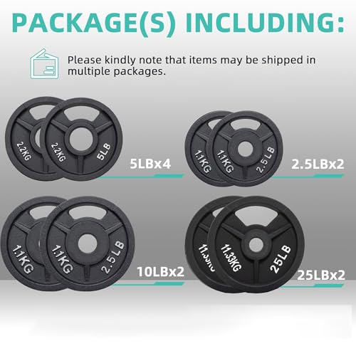 Fitvids 2-Inch Olympic ?Rubber Coated Cast Iron Plate Weight Plate for Strength Training and Weightlifting, Multiple Sizes