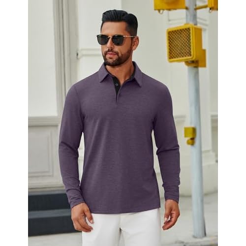 COOFANDY Mens Long Sleeve Polo Shirts Button Casual Tee Collared Work Pullover Shirts