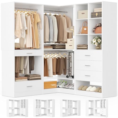 Homieasy Closet System Organizer with Drawers, Pants Rack, Cube Storage and Hanging Area – Wardrobe Organizer with Hanging Rods, Shoe Storage & Anti-Tip Kit – Expandable and Easy to Install, White