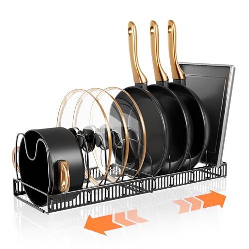Pots and Pans Organizer Rack for Under Cabinet Expandable Pot Lid holders inside Organizer 10 Adjustable Divider Pan organizer 11.81''-22.85'' Pan lid organizer for cabinet Organizer for Bakeware