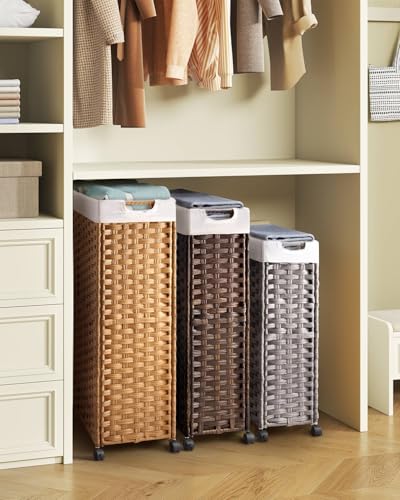 Greenstell Laundry Hamper with Wheels, 11.9 Gallon (45L) Small Clothes Hamper with 2 Removable Liner Bags & 2 Mesh Bags, Slim Rattan Laundry Basket for Bathroom, Bedroom, Grey - color: Grey, size: 45L (15.8 x 7.9 x 23.6 inches)
