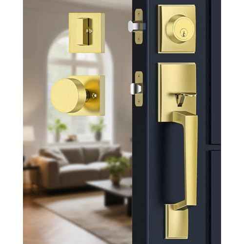 Front Door Handle and Deadbolt Set, Gold Front Door Lock Set with Modern Knob, Exterior Entry Lock with Adjustable Single Cylinder Deadbolt, Reversible for Right & Left