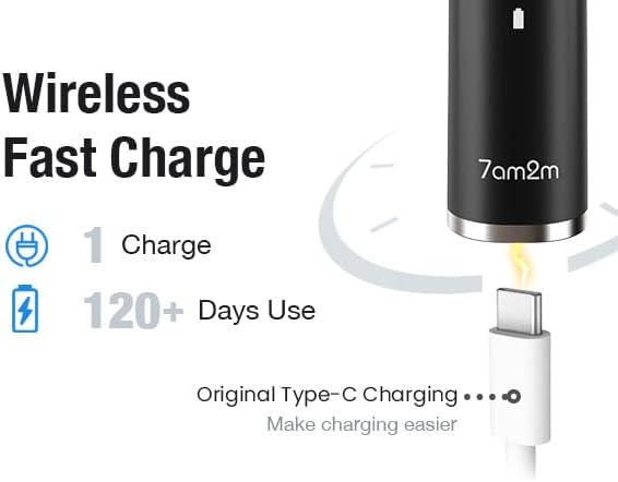 7AM2M Ultrasonic Electric Toothbrush with 6 Brush Heads for Adults&Kids, Type C Rechargeable, One Charge for 120 Days, 5 Modes&40000VPM Powered Toothbrush, 2 Minutes Built in Smart Timer (Black)