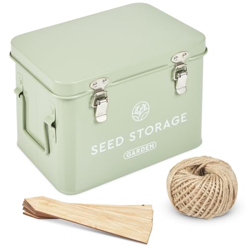 Seed Storage Box – Metal Seed Packet Organizer with Garden String and Bamboo Plant Labels. Seed Container Storage delivering complete Seed Saving Organization for every Garden Lover.