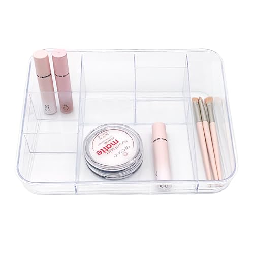 SUNFICON Makeup Tray Organizer Cosmetic Display Case Office Stationery Storage Holder Countertop Storage Unit Makeup Box for Bathroom Drawers,Vanities Office Desk,Washable Crystal Clear Acrylic