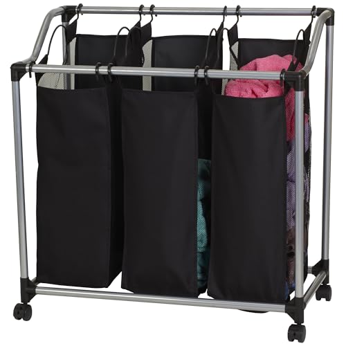 Household Essentials Triple Laundry Sorter with Wheels, Tapered Metal Frame, Removable Polyester Bags, Ventilated, Smooth Rolling Casters, Great for Sorting Laundry Large