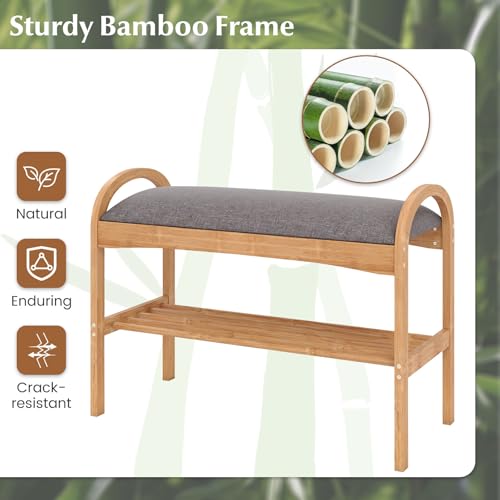 Giantex Shoe Rack Bench, Bamboo 2-Tier Entryway Bench with Padded Cushion, Shoe Storage Bench for Hallway, Closet, Foyer, Living Room, Bedroom, Mudroom - size: 12.5"D x 27.5"W x 20"H（Without Flip-Top Storage）