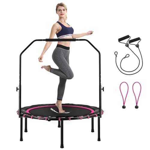 SONGMICS 40 Inches Mini Fitness Trampoline, Fitness Rebounder with Adjustable Handrail, Foldable Trampoline for At-Home Workout, Max. Load 264.6 lb