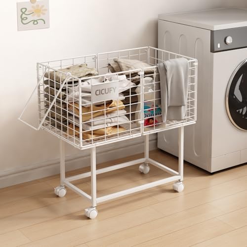 CICUFY Rolling Laundry Cart, 80L Wire Laundry Hamper Basket on Wheels, Dirty Clothes Basket with Handle, Metal Clothes Hamper Organizer for Laundry Room, Bathroom, Bedroom, Dorm, White - color: White