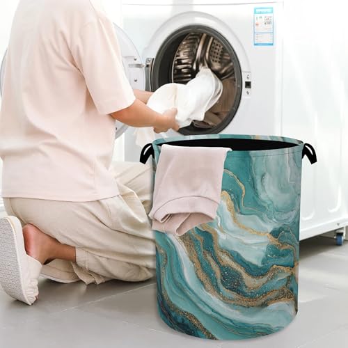 Blue Green Gold Marble Laundry Basket,Foldable with Handles Tote Bag Oxford Cloth for Bathroom Bedroom Dirty Clothes Storage Bucket 16" x 20.8" - color: Blue Green Gold Marble