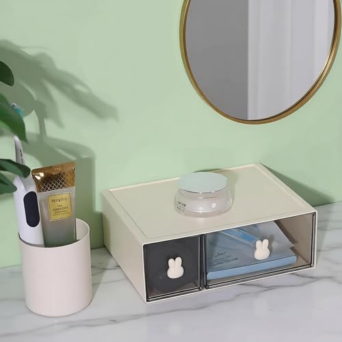 Desktop Storage Drawers, Plastic Desk Organizer with 2 Drawers, Modular Stackable Toolbox Units for Office Stationary, Makeup Container, Bathroom Countertop (1 Tall Layer, Cream & Clear) - color: 1 Tall Layer & 2 Drawers, Cream & Clear
