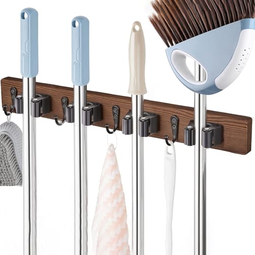 Mop and Broom Holder Wall Mount, Rustic Wood Broom Hanger with 4 Slots and Hooks for Home Décor, Kitchen and Closet, Broom and Mop Organizer Wall Hanging for Garage storage & organization
