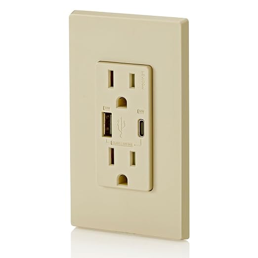 Leviton 30W (6A) USB Dual Type-C/C Power Delivery In-Wall Charger with 15A Tamper-Resistant Outlet USB Charger for Smartphones Tablets Laptops T5635-E Black