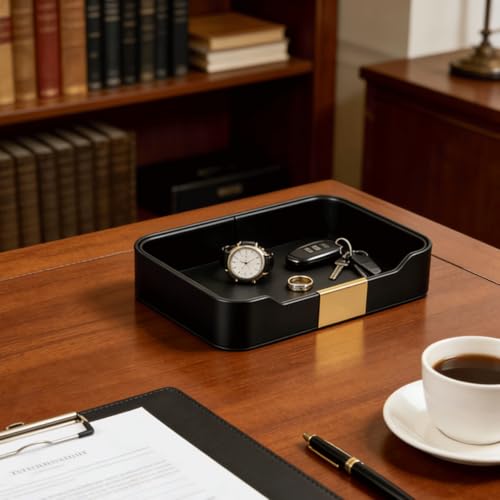 Luxury Leather Valet Tray,Jewelry Tray,Desktop Storage Organizer,Caddy Holder for Cosmetic,Jewelry,Watch,Keys,Phone,Wallet,Remote Controller,Pen, (black) - color: black