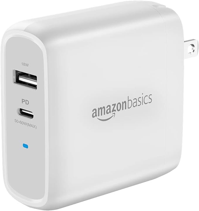 Amazon Basics 68W Two-Port GaN Wall Charger with 1 USB-C (60W) &amp 1 USB-A Ports (18W) with PD for Laptops Tablets &amp Phones (iPhone 16/15/14/13/12/11/X iPad MacPro Samsung More) Non-PPS B