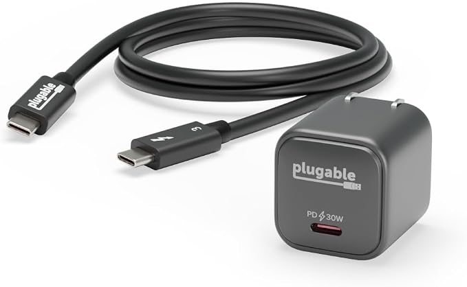 Plugable GaN USB C Black Charger Block with Thunderbolt 3 Cable Bundle