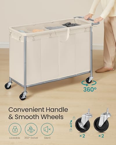 SONGMICS Laundry Basket with Wheels, 4-Section Rolling Laundry Hamper, 68.6 Gallons (260 L), Removable Liner, Steel Frame with Handle, 43.3 x 15.4 x 31.9 Inches, Cream White URLS014W01 - color: Cream White, size: 260 L (4-Section), style: Rectangular with