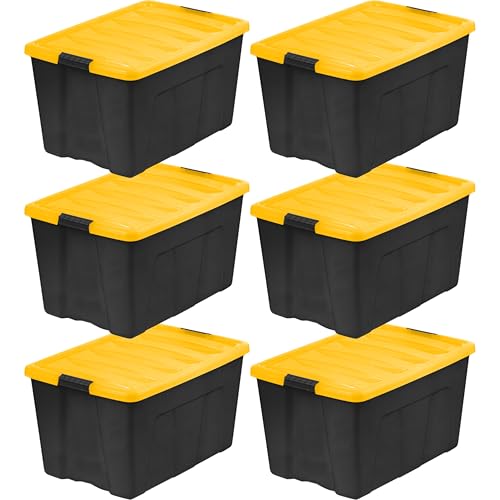 IRIS USA 72 Qt Stackable Plastic Storage Bins with Lids, 6 Pack - BPA-Free, Made in USA - Garage Organizing Solution, Latches, Durable Nestable Containers, Secure Pull Handle - Black/Yellow - size: 72 Qt, style: 6 Pack