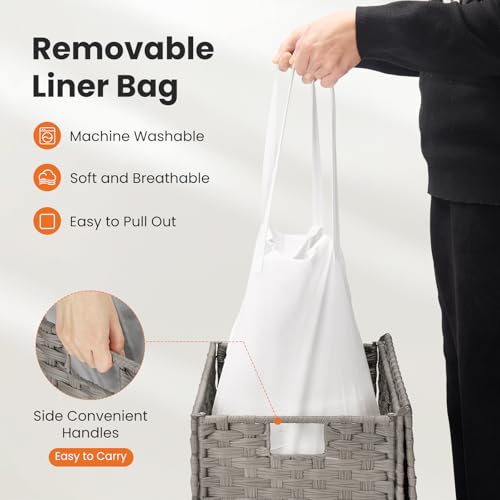 110L Laundry Hamper with Lid, Hand-Woven Pp Rattan Laundry Basket with Compartments & Handles, Removable Liner Bags,Foldable, Narrow Dirty Clothes Basket, Grey - color: 110L-Grey