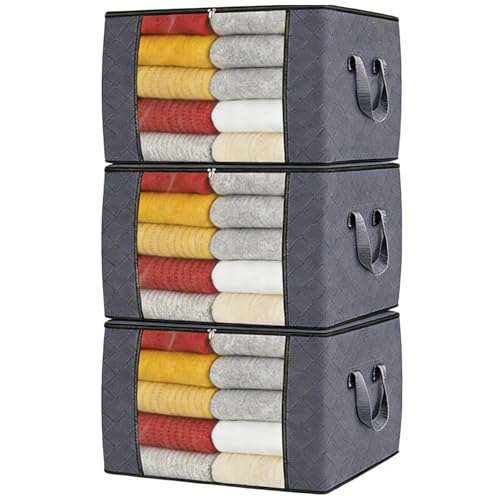 60L Grey Fabric Storage Bins with Lids & Clear Window, 3 Pack Collapsible Closet Organizers with Handles for Clothes, Blankets, Under Bed Storage - size: 3 x 60L