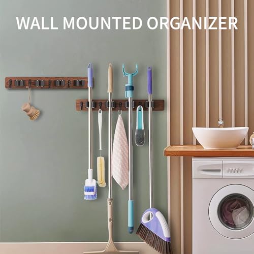 Mop and Broom Holder Wall Mount, Rustic Wood Broom Hanger with 4 Slots and Hooks for Home Décor, Kitchen and Closet, Broom and Mop Organizer Wall Hanging for Garage storage & organization