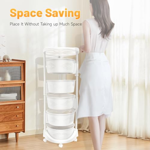 Multi-Layer Kitchen Storage Basket 5Tier Rotating Vegetable Organizer Cart with Casters Detachable Rolling Living Room Standing Rack with Shelve for Bathroom,110 lbs Bearing,14.3*36.2in (5Tier-White) - size: 5Tier-White
