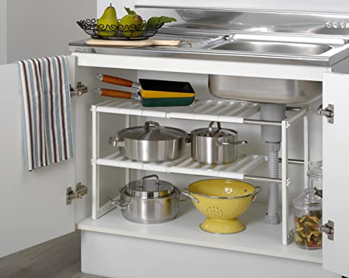 COELO Under Sink Organizer 2-Tier Expandable Shelf Kitchen Bathroom Cabinet Multi-purose Storage Standing Rack, White