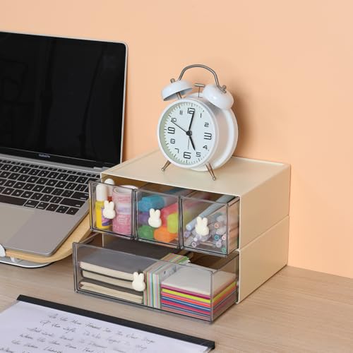 Desktop Storage Drawers, Plastic Desk Organizer with 3 Drawers, Modular Stackable Toolbox Units for Office Stationary, Makeup Container, Bathroom Countertop (1 Tall Layer, Cream & Clear) - color: 1 Tall Layer & 3 Drawers, Cream & Clear