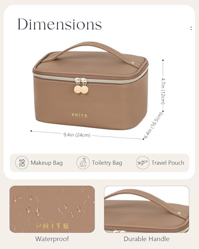 Prite Makeup Bag, Large Capacity Portable Travel Cosmetic Bag, Waterproof Makeup Organizer for Women with Handle and Divider (001 Brown) - color: 001 Brown