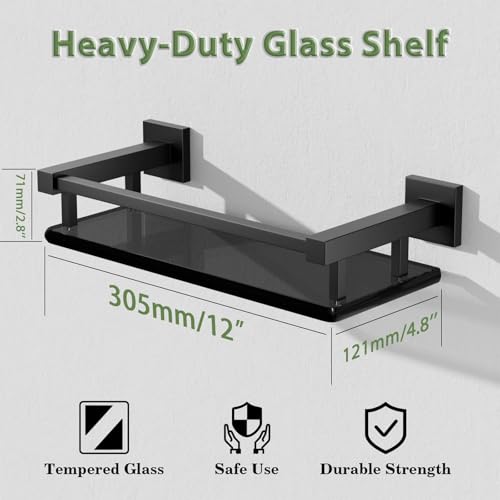 Alise Glass Shelves for Bathroom Wall, Tempered Glass Bathroom Shelf Wall Mounted, Modern Space Saving Floating Shelves 12 inch, Matte Black - color: Matte Black, size: 12 inch