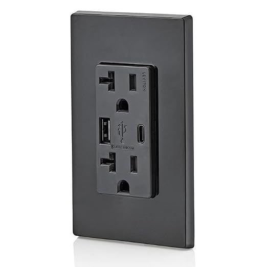 Leviton Type A &amp Type-C USB In-Wall Charger with 20A Tamper-Resistant Outlet USB Charger for Smartphones and Tablets. Not for Laptops T5833-E Black