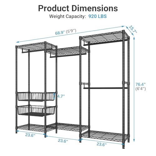 VIPEK V10 Garment Rack Large Size Heavy Duty Clothes Rack with Hanging Rods, Adjustable Shelves & 2 Slid Storage Baskets, Wire Clothing Rack 68.9" W x 15.7" D x 76.4" H, Max Load 920 LBS, Black - color: Black