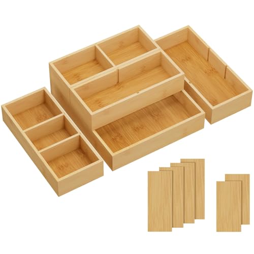 Lifewit Drawer Organizers 5 Pack(11 Grid) with 6 Inserts, Adjustable Bamboo Wooden Drawer Dividers, Stackable Storage Box for Utensils, Silverware, Makeup, Junk in Kitchen/Bathroom/Office/Vanity