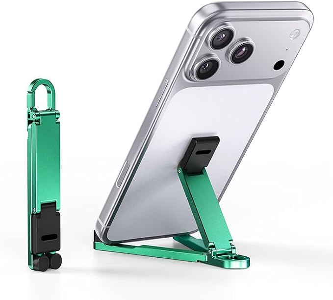Portable Phone Stand Foldable EDC Keychain Phone Holder with Snap Hook Mini Aluminum Travel Cell Phone Stand for iPhone and Smartphones Under 8 Inches(Black)