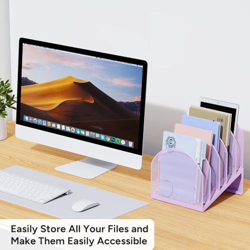 5-Section Desk File Organizer, Metal Mesh Folder Organizer for Documents, Mail & Office Papers (Purple) - color: Purple