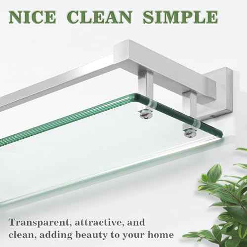 Alise Bathroom Shelf Wall Mounted, Brushed Nickel Large Capacity Glass Shelf for Bathroom, 24 inch