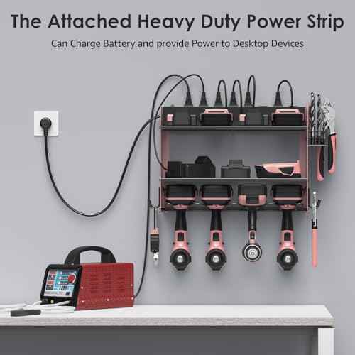 CCCEI Modular Power Tool Organizer Wall Mount with Charging Station. Garage Drill Storage Shelf with Hooks, Heavy Duty Rack, Tool Battery Holder Built in 8 Outlet. Gift for Men. Pink, 1 Pack.