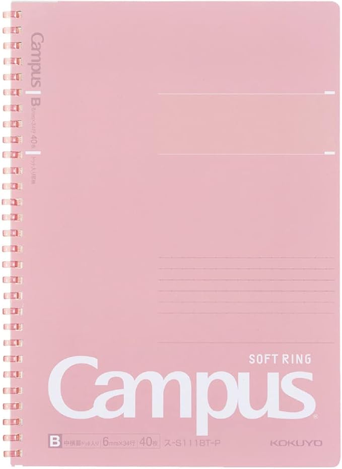 KOKUYO Spiral Lined Notebook, 10'' x 7'' Pastel Journal B5 Campus Soft Ring Notebooks with Dot 6 mm Ruled, 40 Sheets, Pink 1 Subject Notebook, Note Taking for School. Japan Import (SU-S111BT-P)