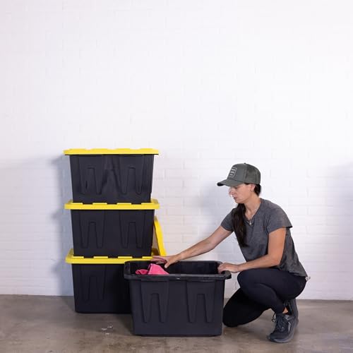 Plastic 23-Gallon Storage Tote with Lockable Lid, Stackable Tough Regular-Duty Bin for Garage, Tools, and Home Organization (4-Pack) - Black and Yellow - size: 23-Gallon (4-Pack)