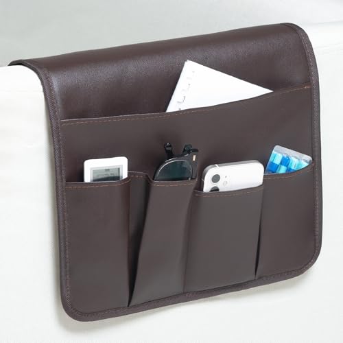 PU Leather Sofa Armrest Organizer, Armchair Magazine Holders, Waterproof Remote Holder for Recliner Couch with 1 Large Pocket, 4 Small Pockets for Magazine, Remote, Phone, Ipad, Books (brown)