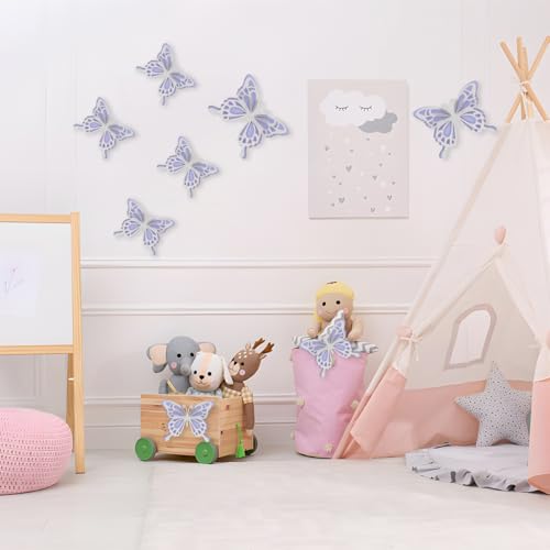 12 Pcs Large Butterfly Party Decoration 3D Butterfly Wall Decor, 2 Sizes Big Paper Butterfly Cutouts Stickers for Birthday Party Baby Shower Bedroom Wedding, Silver and Purple