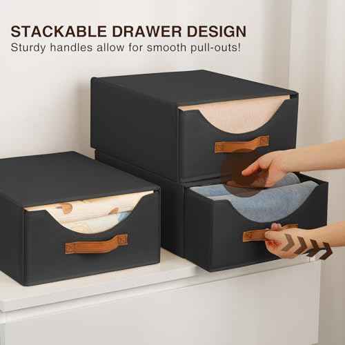 Closet Organizers and Storage - Large Stackable Storage Bins with Drawer, Fabric Bins for Organization, Collapsible Drawer Organizer Clothes for Bedroom, Living Room, 2 Pack, Black