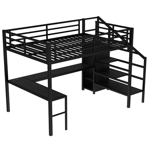 Bellemave Queen Loft Bed with Desk & Wardrobe, Heavy Duty Metal Loft Beds Frame with Storage Stairs, LED Loft Bed Queen Size with Charging Station & Safety Guardrails, No Box Spring Needed, Black - color: Black, size: Queen